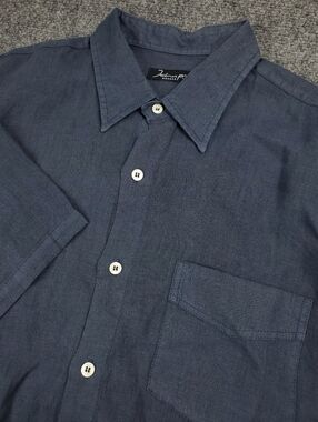 John P 100% Linen Shirt XL Short Sleeve Navy Blue Button Up Lightweight Summer